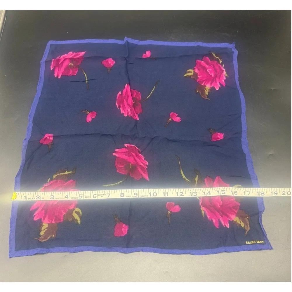 Ellen Tracy Vintage Square Scarf Navy Blue Pink Floral Rose Print Sheer